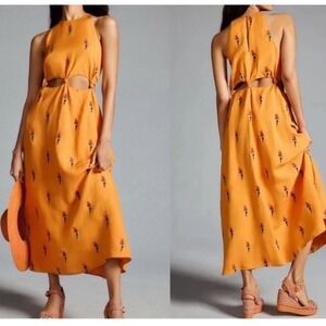Farm Rio x Anthropologie Women's Orange Parrot Halter Maxi Dress Size Small NWOT